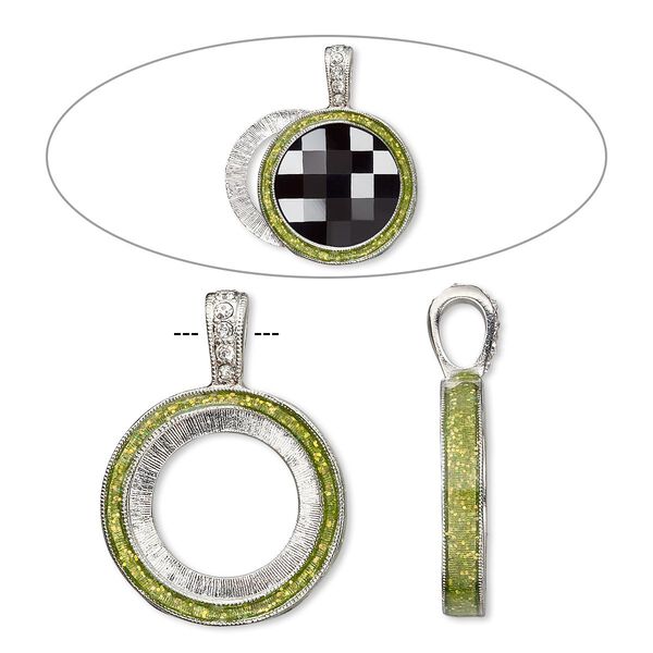 Pendant, Almost Instant Jewelry®, epoxy / crystals / imitation rhodium-finished "pewter" (zinc-based alloy), peridot green and crystal clear with glitter, 33x24mm single-sided with 20mm round setting. Sold individually. image number 0