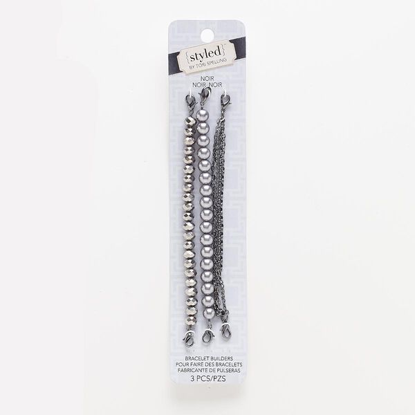 Bracelet component, glass / glass pearl / gunmetal-finished steel / "pewter" (zinc-based alloy), metallic silver, 8mm wide 3-strand / 8mm round / 8x6mm faceted rondelle, 6 inches with lobster claw clasp. Sold per pkg of 3. image number 0