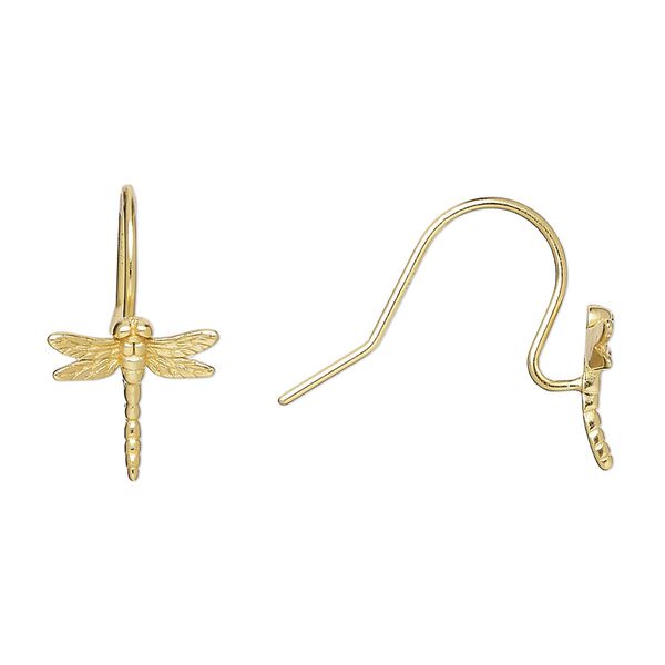 Ear wire fishhook 1pkg2 Amoracast® sterling silver, 13mm / 11x11mm dragonfly / open loop / satin finished, 20 gauge "vermeil" 1 pair image number 0
