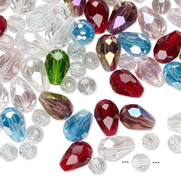 Bead mix, glass, mixed colors AB, 4mm faceted round and 9x6mm faceted teardrop. Sold per 25-gram pkg, approximately 85-140 beads. image number 0