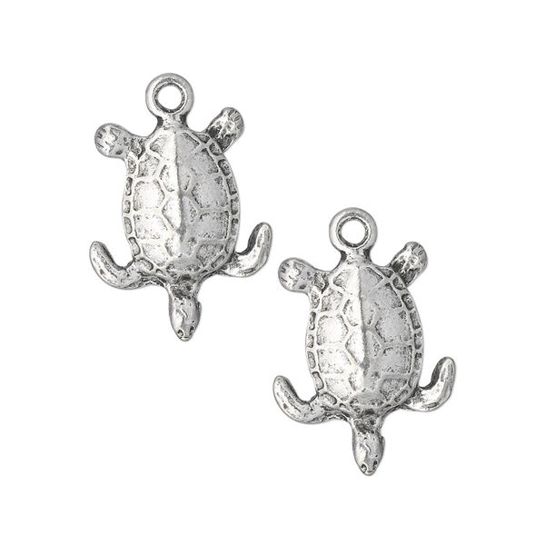 Charm, antiqued pewter (tin-based alloy), 18x15mm single-sided turtle. Sold per pkg of 2. image number 0