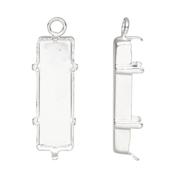 Drop, silver-plated brass, 25x9mm rectangle with closed loop and 24x8mm 6-prong faceted rectangle setting (4547) with closed back. Sold per pkg of 4. image number 0