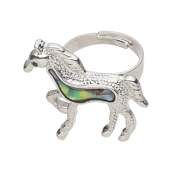 Ring 1pkg1 brass / paua shell / glass rhinestone, 32x31mm horse, natural silver finish / black image number 0