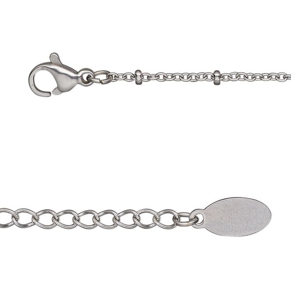 Chain, stainless steel, 1.4mm cable with 2.2x1mm rondelle, 30 inches with 2-inch extender chain and lobster claw clasp. Sold individually. image number 0