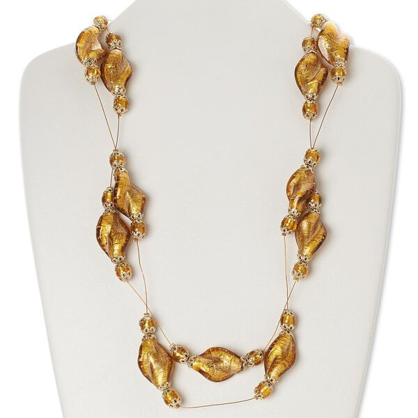 Necklace, lampworked glass with gold-finished brass and steel, dark tan and honey with silver-colored foil, twisted oval, 50-inch continuous loop. Sold individually. image number 0