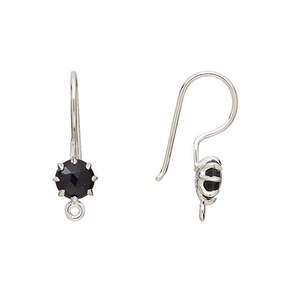 Ear wire fishhook 1pkg2 sterling silver / black onyx, 22mm / 7.5mm hand-cut faceted round / closed loop, 19 gauge 1 pair image number 0