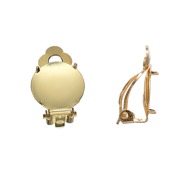 Earring, clip-on, gold-plated brass and steel, 14mm round flat pad with 13mm 4-prong round setting. Sold per pkg of 5 pairs. image number 0