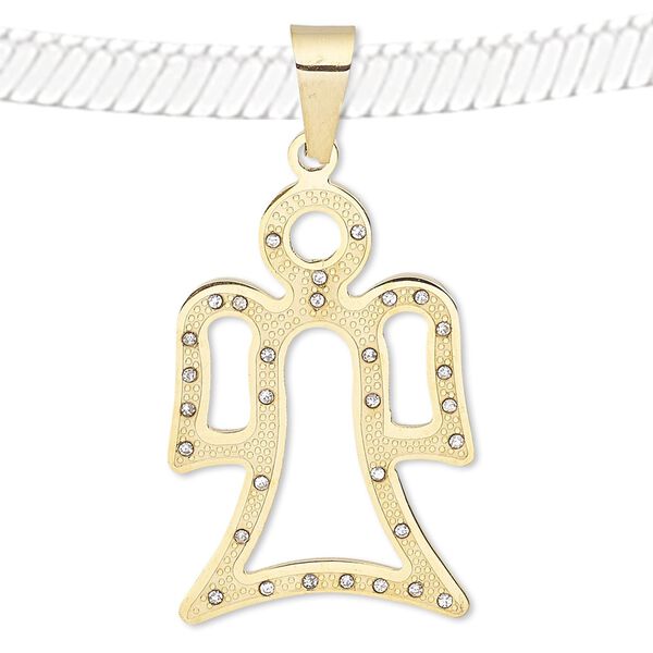 Pendant, glass rhinestone and gold-finished stainless steel, clear, 39x24mm open angel. Sold individually. image number 0