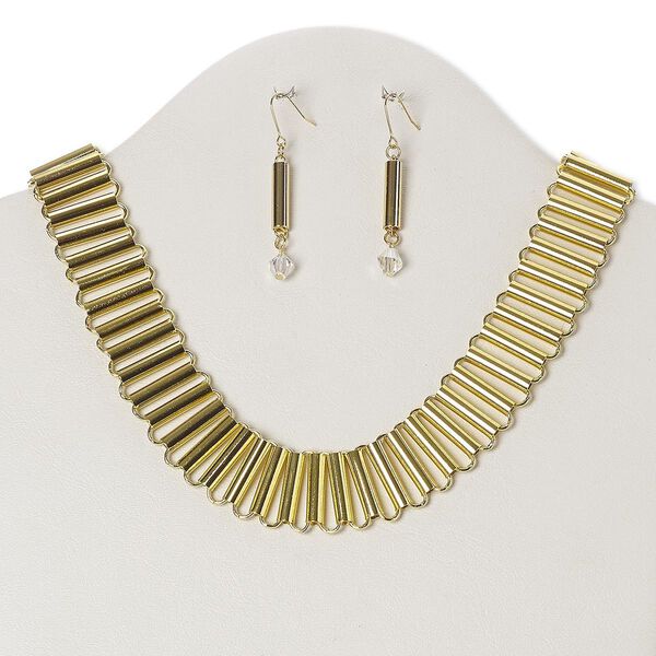Necklace and earring set, glass / gold-finished brass / copper, clear, 24mm wide with tube, 17 inches with 3-inch extender chain and lobster claw clasp, 2-1/4 inch earrings with fishhook ear wire. Sold per set. image number 0