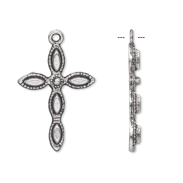 Drop, antique silver-plated "pewter" (zinc-based alloy), 27x19mm single-sided cross. Sold per pkg of 10. image number 0