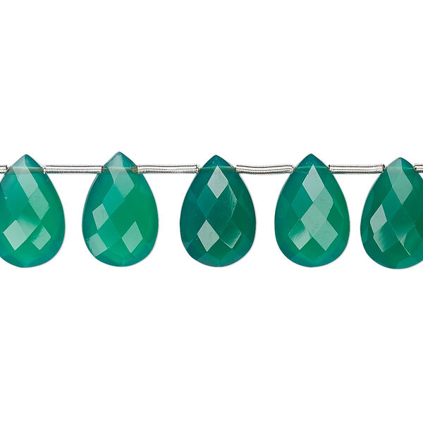 Green onyx 1pkg11, hand-cut top-drilled faceted puffed teardrop bead 12x8mm image number 0
