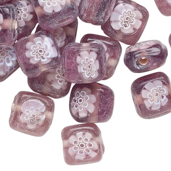 Bead, lampworked glass, translucent purple and white, 11mm puffed square. Sold per pkg of 50. image number 0