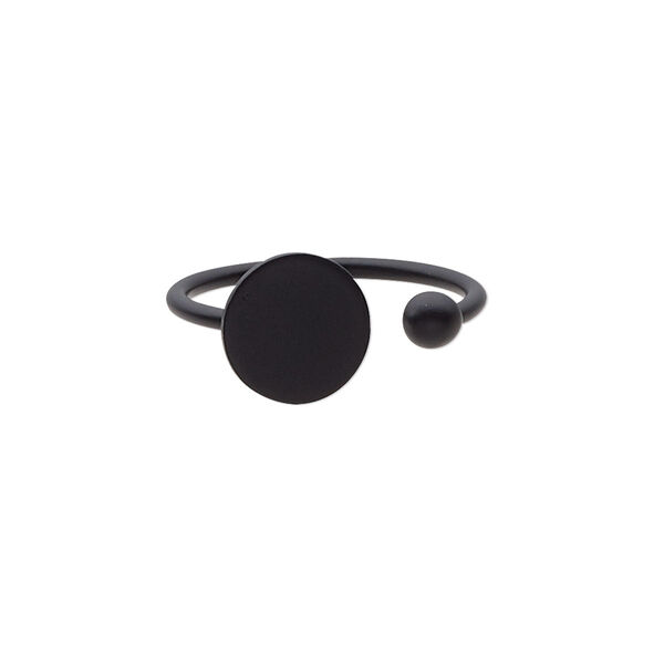 Ring, black-finished brass, 1.5mm wide with 4mm ball and 10mm round glue-on flat pad setting, adjustable from size 6-8. Sold individually. image number 0