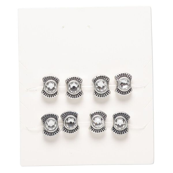 Bead, "pewter" (zinc-based alloy) and crystal, pkg/8, 11x8mm pinched round, antique silver finish and clear. image number 0