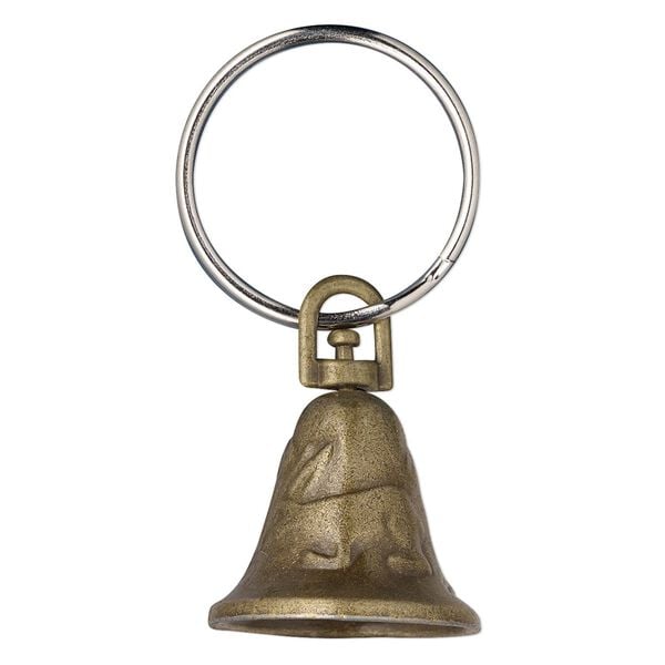 Bell, antique brass-finished "pewter" (zinc-based alloy), 23x20mm bell with clapper and bird with rabbit design. Sold per pkg of 6. image number 0