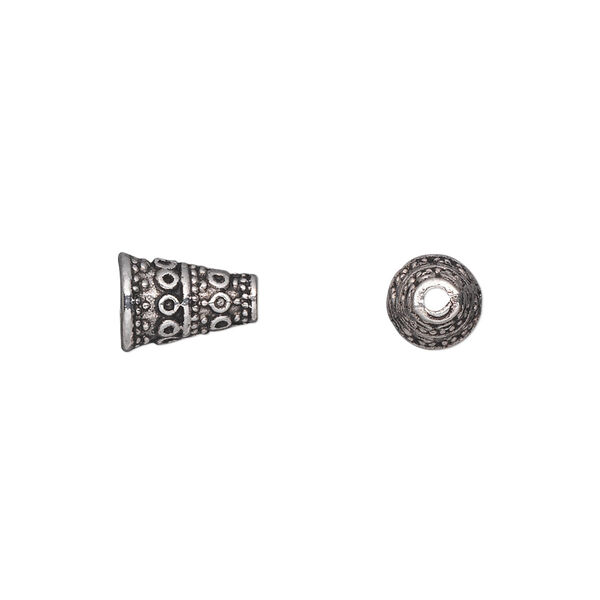 Cone, antique silver-plated "pewter" (zinc-based alloy), 10x7mm fancy, 5mm inside diameter. Sold per pkg of 50. image number 0
