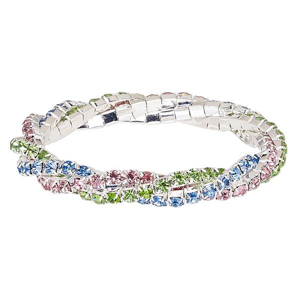 Bracelet, stretch, glass rhinestone and silver-plated brass, blue / purple / green, 9mm wide braided cupchain, 7 inches. Sold individually. image number 0