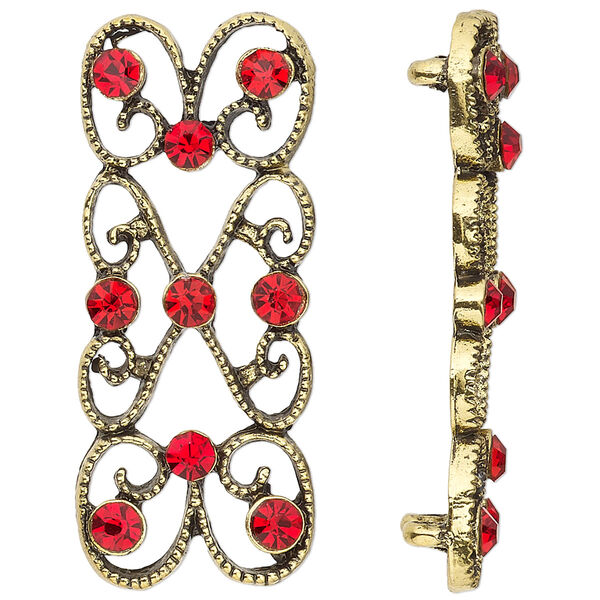Spacer, antiqued gold-finished "pewter" (zinc-based alloy) and Czech glass rhinestone, light Siam, 39x18mm 2-strand fancy rectangle. Sold per pkg of 4. image number 0