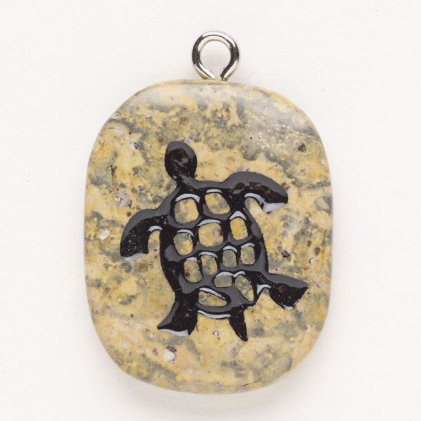 Focal, steel/picture jasper (natural)/enamel, pkg/1, silver finish and black, 30x24mm-39x27mm single-sided puffed freeform with turtle, B grade. image number 0