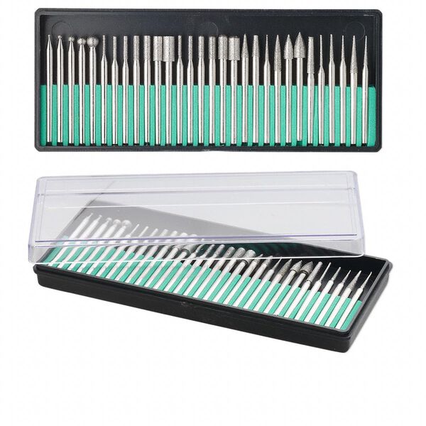 Burr set, plastic and diamond-coated steel, 1-3/4 x 1/8 inch assorted shanks with 1-5mm wide tip in 5-3/4 x 2-1/2 x 3/4 inch case. Sold per 30-piece set. image number 0