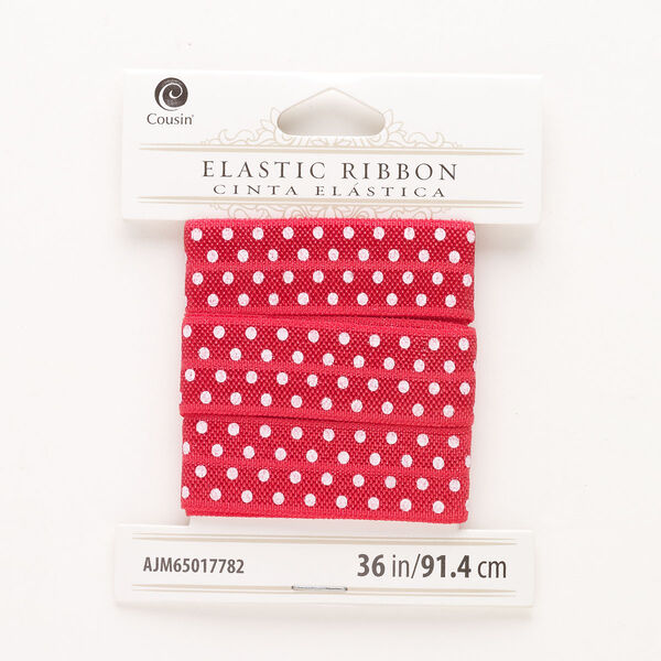Cord, elastic, pkg/36 inches, 17mm flat with dot design, red and white. image number 0