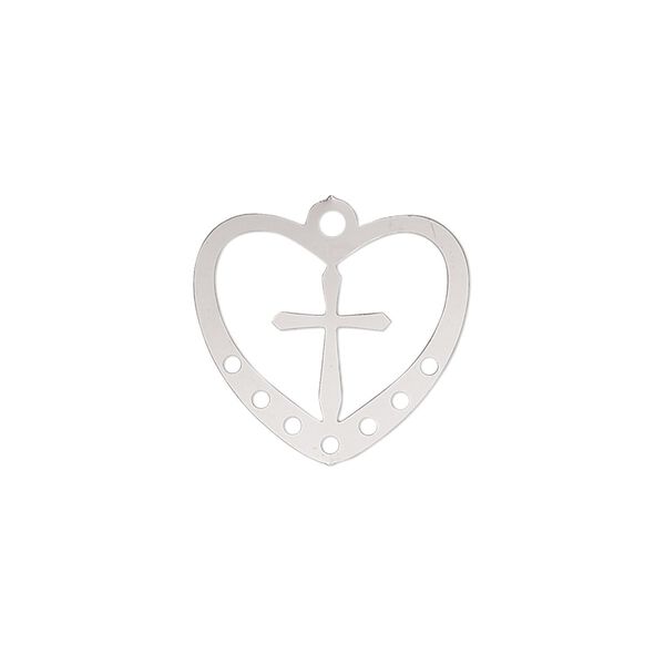 Drop, Lazer Lace™, stainless steel, 18x17mm double-sided open heart with cross and 7 loops. Sold per pkg of 4. image number 0