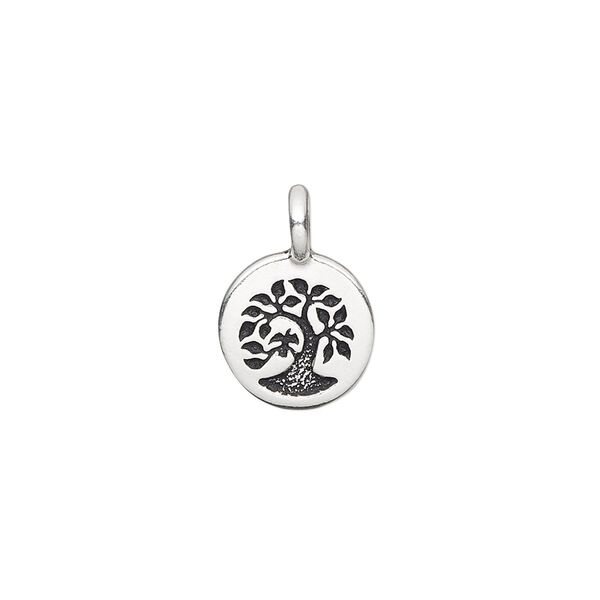 Drop, TierraCast®, antique silver-plated pewter (tin-based alloy), 12mm single-sided flat round with textured tree. Sold per pkg of 2. image number 0