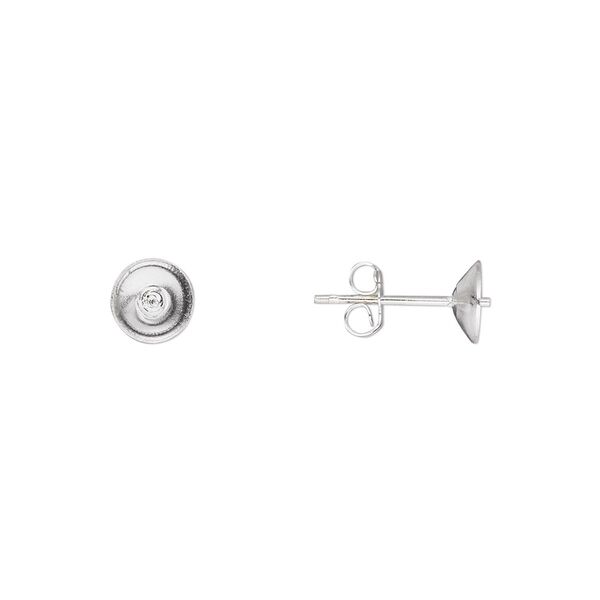 Earstud 1pkg10 sterling silver, 6mm cup / 2.5mm peg / 6-8mm half-drilled round setting / earnuts, 5 pair image number 0