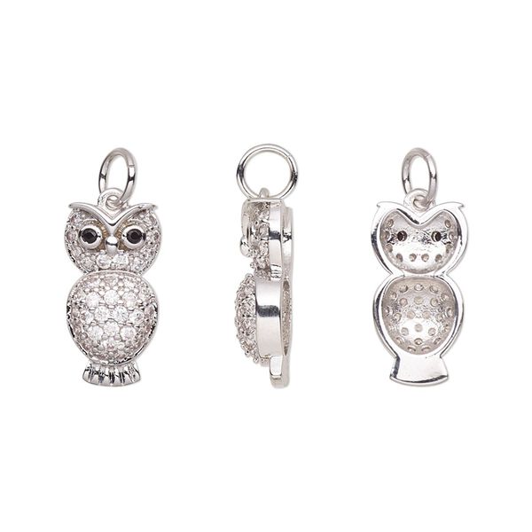 Charm, cubic zirconia and silver-plated brass, clear and black, 15.5x8mm single-sided owl. Sold individually. image number 0