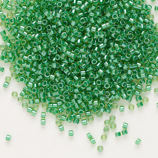 Seed bead, Delica®, glass, pkg/250g, #11 round, translucent green-lined luster chartreuse (DB-0916). image number 0