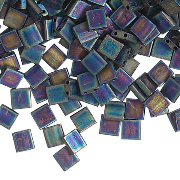 Bead, Miyuki, TILA®, glass, opaque matte black AB, (TL401FR), 5mm square with (2) 0.8mm holes, fits up to 3mm beads. Sold per 10-gram pkg. image number 0