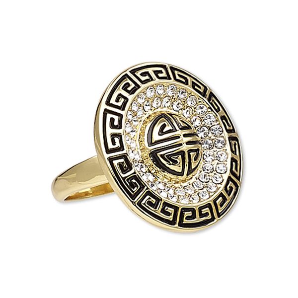 Ring, Austrian crystal / enamel / gold-finished "pewter" (zinc-based alloy), black and clear, 26mm round with Greek key design, size 9. Sold individually. image number 0