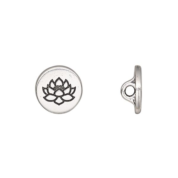 Button, TierraCast®, antique silver-plated pewter (tin-based alloy), 12mm flat round with lotus and loop. Sold per pkg of 20. image number 0