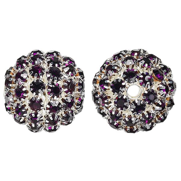 Bead, glass rhinestone and silver-finished brass, purple, 27mm ball with 5mm chatons, 4.5mm hole. Sold individually. image number 0