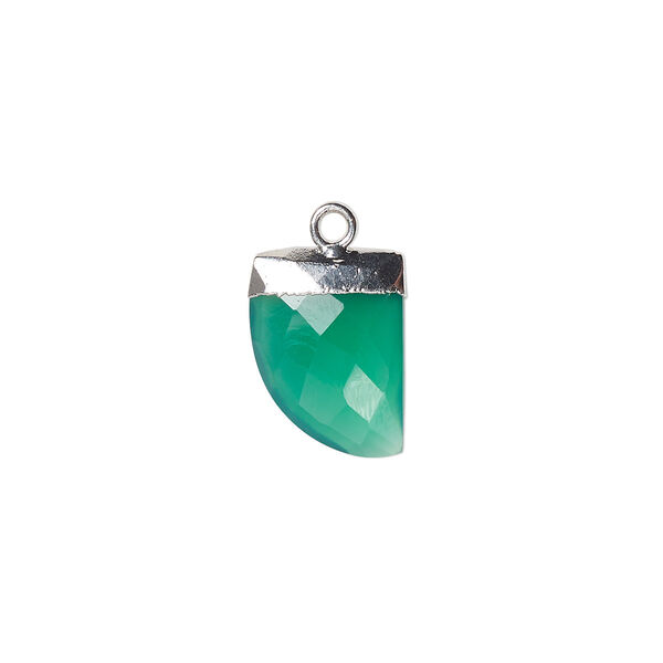 Drop, green onyx (dyed) and silver-plated copper, 14x10mm-15x12mm hand-cut faceted flat tooth. Sold individually. image number 0