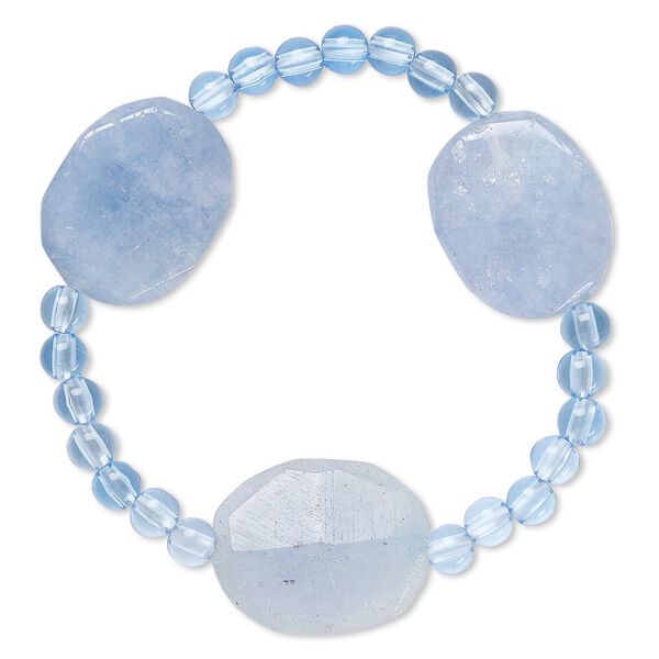 Bracelet, stretch, quartz (dyed) and acrylic, blue, 5mm round and 25x20mm-26x21mm faceted puffed oval, 6 inches. Sold individually. image number 0