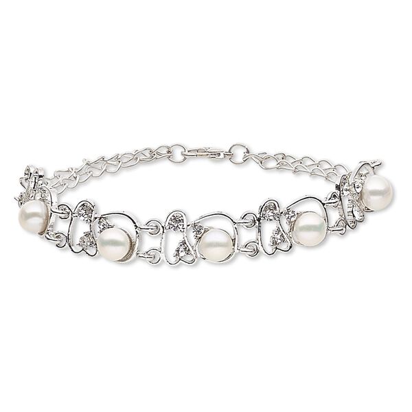 Bracelet, cultured freshwater pearl (bleached) / glass rhinestone / imitation rhodium-plated steel / "pewter" (zinc-based alloy), white and clear, 13mm flower, 7-1/2 inches with lobster claw clasp. Sold individually. image number 0