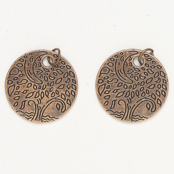 Charm, steel, pkg/2, antique copper finish, 24-25mm tree round. image number 0