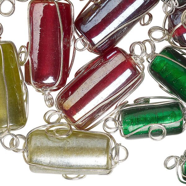 Link mix, lampworked glass and silver-finished "pewter" (zinc-based alloy), mixed colors, 23x8mm-29x18mm round tube. Sold per pkg of 50 image number 0