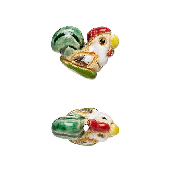 Bead, glazed ceramic, multicolored, 17x15mm hand-painted rooster. Sold per pkg of 2. image number 0