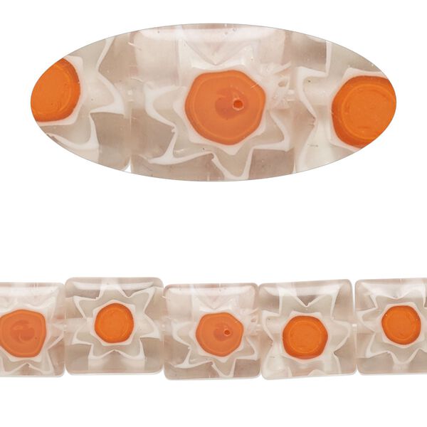 Bead, millefiori glass, translucent clear / orange / white, 9mm-11x10mm puffed square with flower design. Sold per 14-inch strand. image number 0