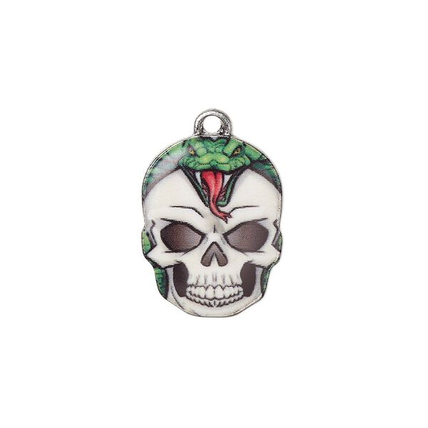 Charm, resin and antique silver-plated "pewter" (zinc-based alloy), multicolored, 19x14.5mm single-sided skull with snake design. Sold individually. image number 0