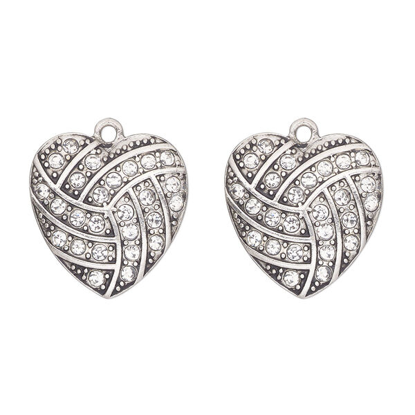Charm, antique silver-finished "pewter" (zinc-based alloy) and glass, clear, 23x22mm single-sided heart with "volleyball pattern". Sold per pkg of 2. image number 0