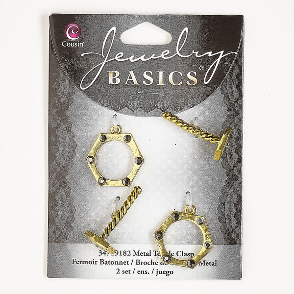 Clasp, toggle, antique gold-finished brass and glass, grey, 22x19mm nut and bolt. Sold per pkg of 2. image number 0