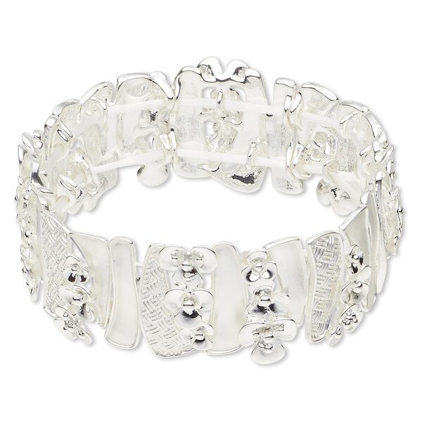 Bracelet, stretch, silver-finished "pewter" (zinc-based alloy), 22mm wide with rectangle and flower design, 6 inches. Sold individually. image number 0