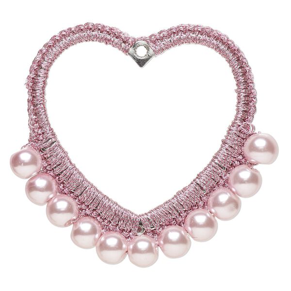 Focal, glass / nylon / steel, light pink, 50x49mm-52x49mm beaded open heart. Sold per pkg of 2. image number 0