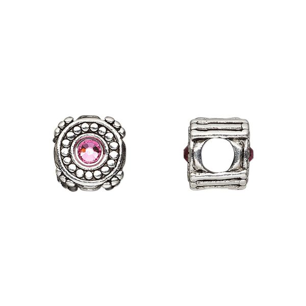 Bead, Dione®, antique silver-plated pewter (tin-based alloy) and crystal rhinestone, rose, 10mm double-sided round. Sold individually. image number 0