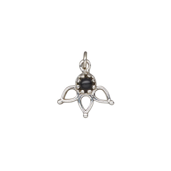 Drop, antiqued sterling silver and black onyx (dyed), 14.5 x 12.5mm single-sided open 3-teardrop. Sold individually. image number 0