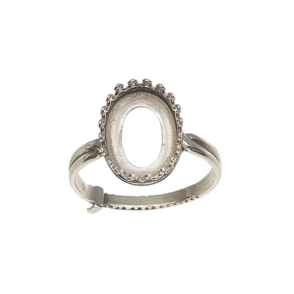 Ring, JBB Findings, antiqued sterling silver, 16mm wide with decorative trim and 14x10mm oval bezel setting, adjustable from size 8-11. Sold individually. image number 0