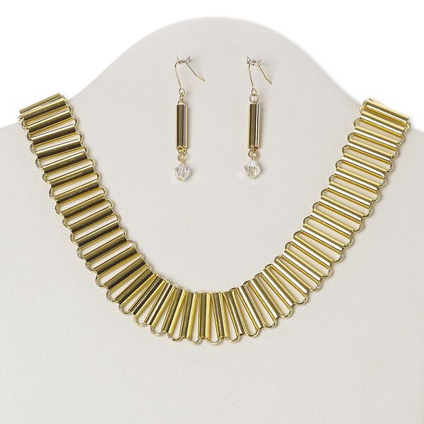 Necklace and earring set, glass / gold-finished brass / copper, clear, 24mm wide with tube, 17 inches with 3-inch extender chain and lobster claw clasp, 2-1/4 inch earrings with fishhook ear wire. Sold per set. image number 0